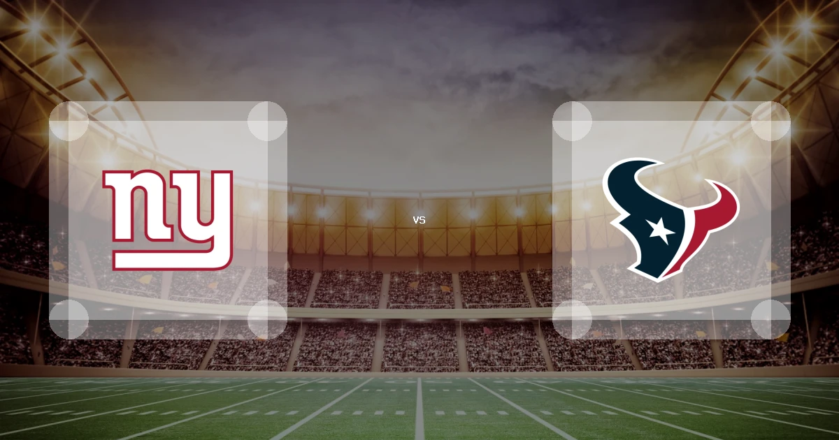 Eine Gamecard Grafik fuer das Spiel zwischen den New York Giants und Houston Texans am 25.10.26. die zwei Teamlogos stehen sich in einem Stadion mit vielen Zuschauern gegenueber.