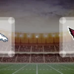 Eine Gamecard Grafik fuer das Spiel zwischen den Denver Broncos und Arizona Cardinals am 25.10.26. die zwei Teamlogos stehen sich in einem Stadion mit vielen Zuschauern gegenueber.