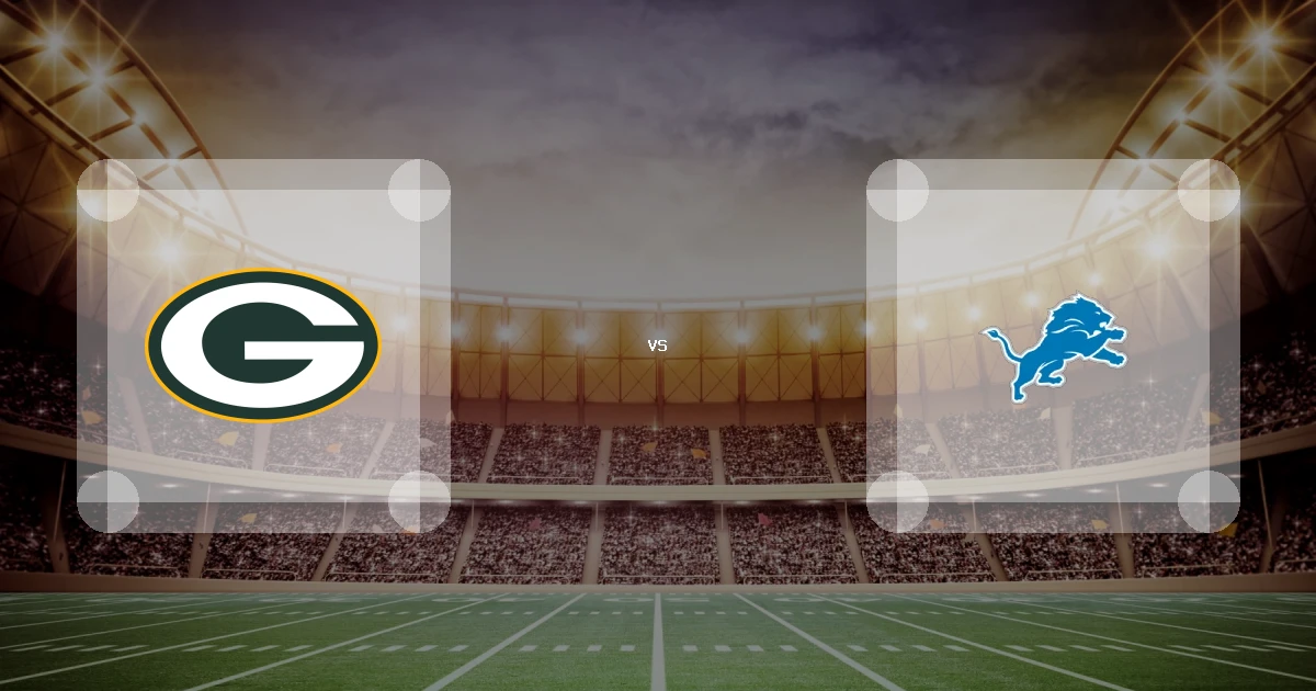 Eine Gamecard Grafik fuer das Spiel zwischen den Green Bay Packers und Detroit Lions am 25.10.26. die zwei Teamlogos stehen sich in einem Stadion mit vielen Zuschauern gegenueber.