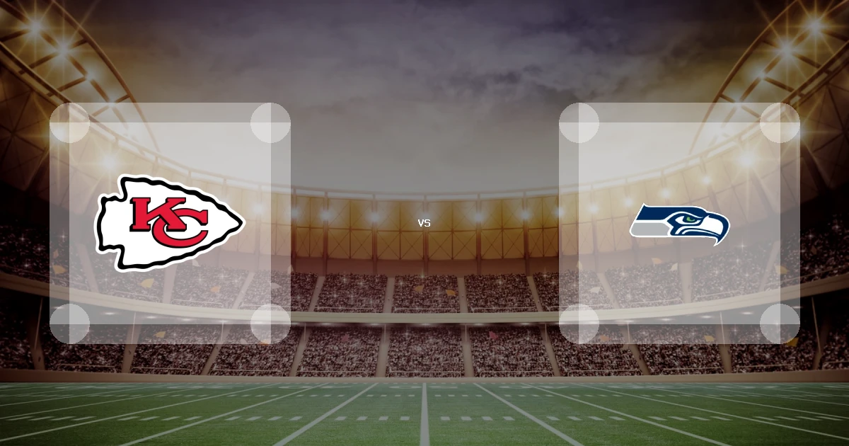 Eine Gamecard Grafik fuer das Spiel zwischen den Kansas City Chiefs und Seattle Seahawks am 26.10.26. die zwei Teamlogos stehen sich in einem Stadion mit vielen Zuschauern gegenueber.