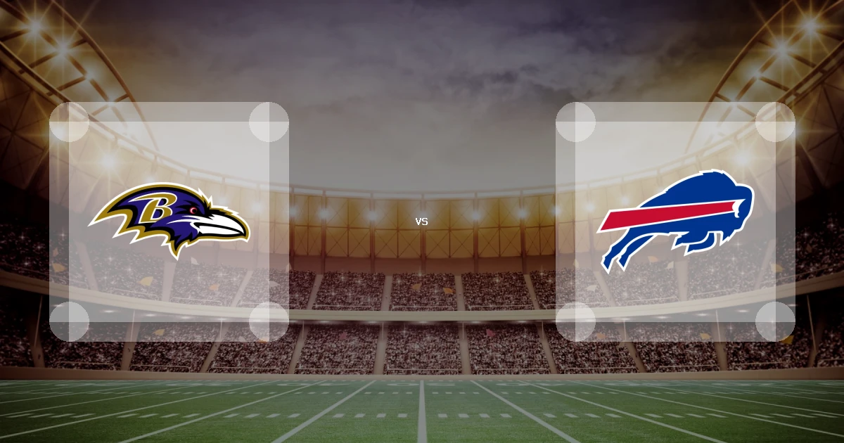 Eine Gamecard Grafik fuer das Spiel zwischen den Baltimore Ravens und Buffalo Bills am 01.11.26. die zwei Teamlogos stehen sich in einem Stadion mit vielen Zuschauern gegenueber.