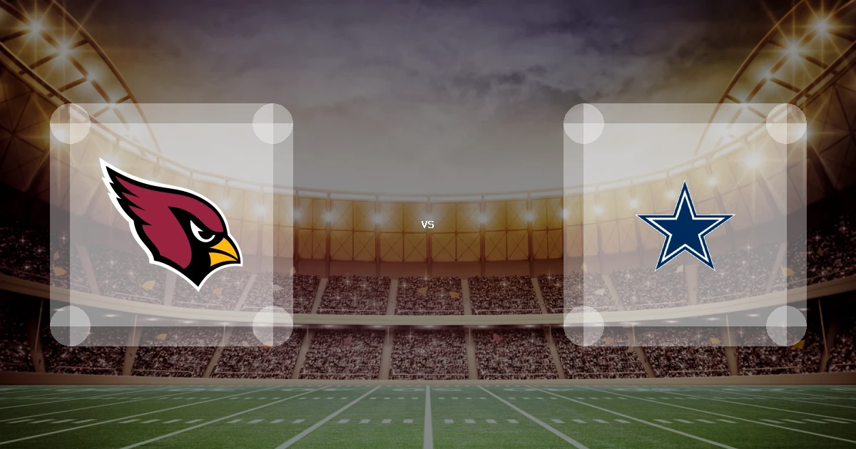 Eine Gamecard Grafik fuer das Spiel zwischen den Arizona Cardinals und Dallas Cowboys am 01.11.26. die zwei Teamlogos stehen sich in einem Stadion mit vielen Zuschauern gegenueber.