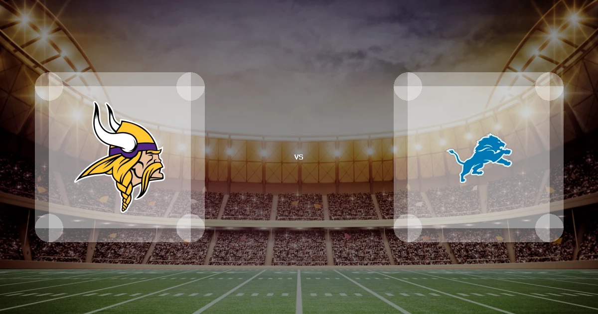 Eine Gamecard Grafik fuer das Spiel zwischen den Minnesota Vikings und Detroit Lions am 01.11.26. die zwei Teamlogos stehen sich in einem Stadion mit vielen Zuschauern gegenueber.