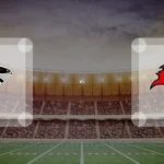 Eine Gamecard Grafik fuer das Spiel zwischen den Atlanta Falcons und Tampa Bay Buccaneers am 01.11.26. die zwei Teamlogos stehen sich in einem Stadion mit vielen Zuschauern gegenueber.