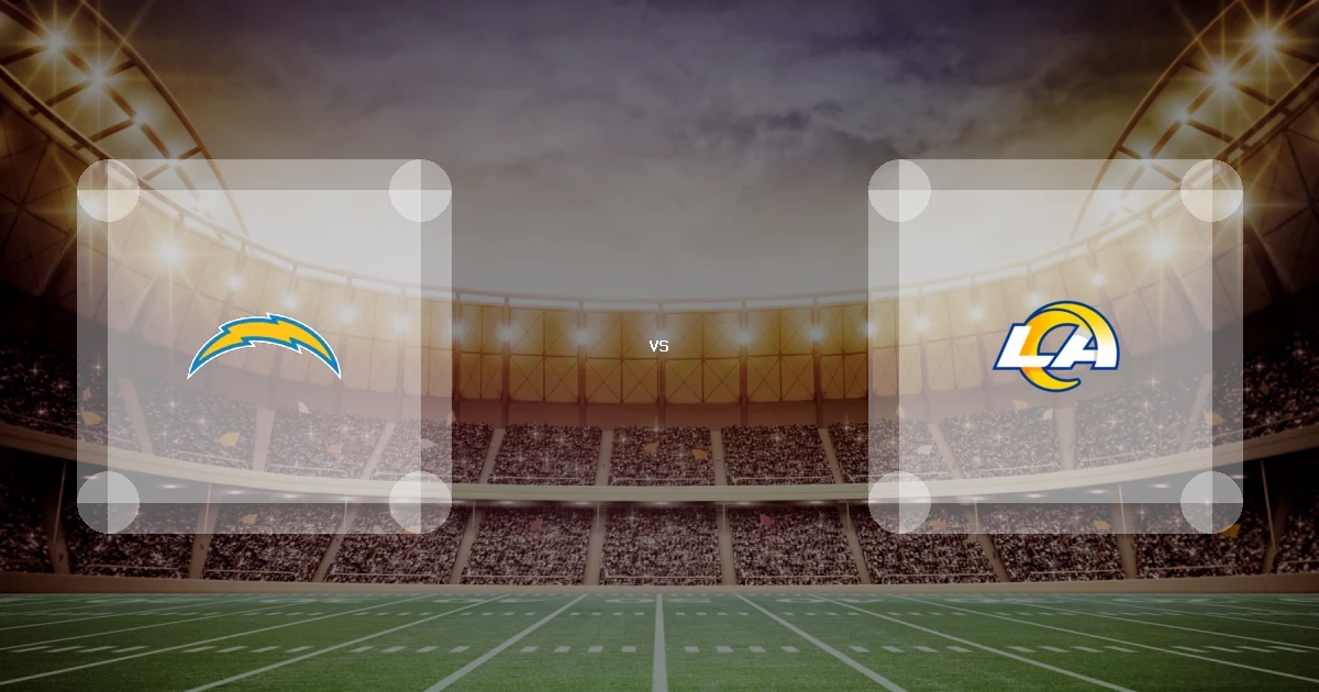 Eine Gamecard Grafik fuer das Spiel zwischen den Los Angeles Chargers und Los Angeles Rams am 01.11.26. die zwei Teamlogos stehen sich in einem Stadion mit vielen Zuschauern gegenueber.