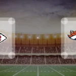 Eine Gamecard Grafik fuer das Spiel zwischen den Kansas City Chiefs und Denver Broncos am 01.11.26. die zwei Teamlogos stehen sich in einem Stadion mit vielen Zuschauern gegenueber.