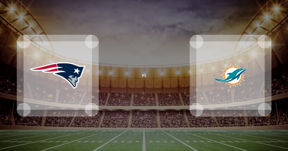 Eine Gamecard Grafik fuer das Spiel zwischen den New England Patriots und Miami Dolphins am 01.11.26. die zwei Teamlogos stehen sich in einem Stadion mit vielen Zuschauern gegenueber.