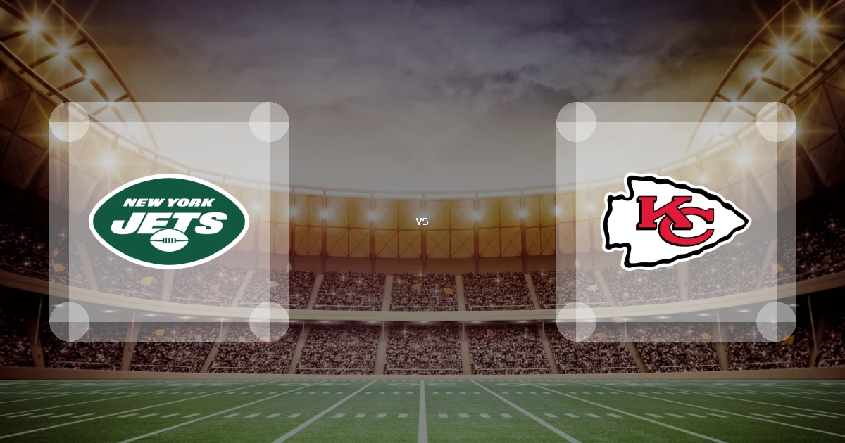 Eine Gamecard Grafik fuer das Spiel zwischen den New York Jets und Kansas City Chiefs am 08.11.26. die zwei Teamlogos stehen sich in einem Stadion mit vielen Zuschauern gegenueber.