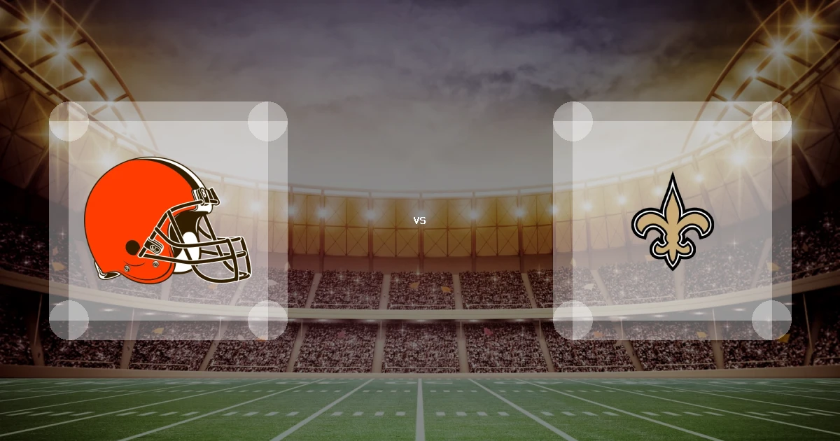 Eine Gamecard Grafik fuer das Spiel zwischen den Cleveland Browns und New Orleans Saints am 08.11.26. die zwei Teamlogos stehen sich in einem Stadion mit vielen Zuschauern gegenueber.