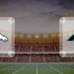 Eine Gamecard Grafik fuer das Spiel zwischen den Denver Broncos und Carolina Panthers am 08.11.26. die zwei Teamlogos stehen sich in einem Stadion mit vielen Zuschauern gegenueber.