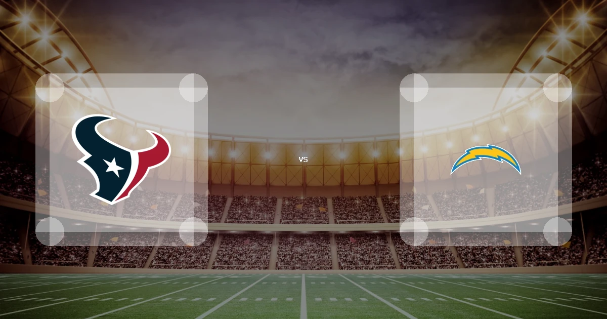 Eine Gamecard Grafik fuer das Spiel zwischen den Houston Texans und Los Angeles Chargers am 08.11.26. die zwei Teamlogos stehen sich in einem Stadion mit vielen Zuschauern gegenueber.
