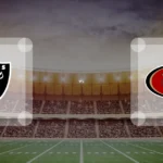 Eine Gamecard Grafik fuer das Spiel zwischen den Las Vegas Raiders und San Francisco 49ers am 08.11.26. die zwei Teamlogos stehen sich in einem Stadion mit vielen Zuschauern gegenueber.