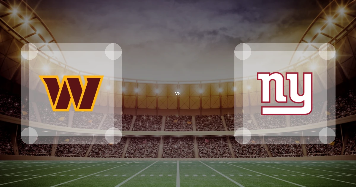 Eine Gamecard Grafik fuer das Spiel zwischen den Washington Commanders und New York Giants am 13.11.26. die zwei Teamlogos stehen sich in einem Stadion mit vielen Zuschauern gegenueber.