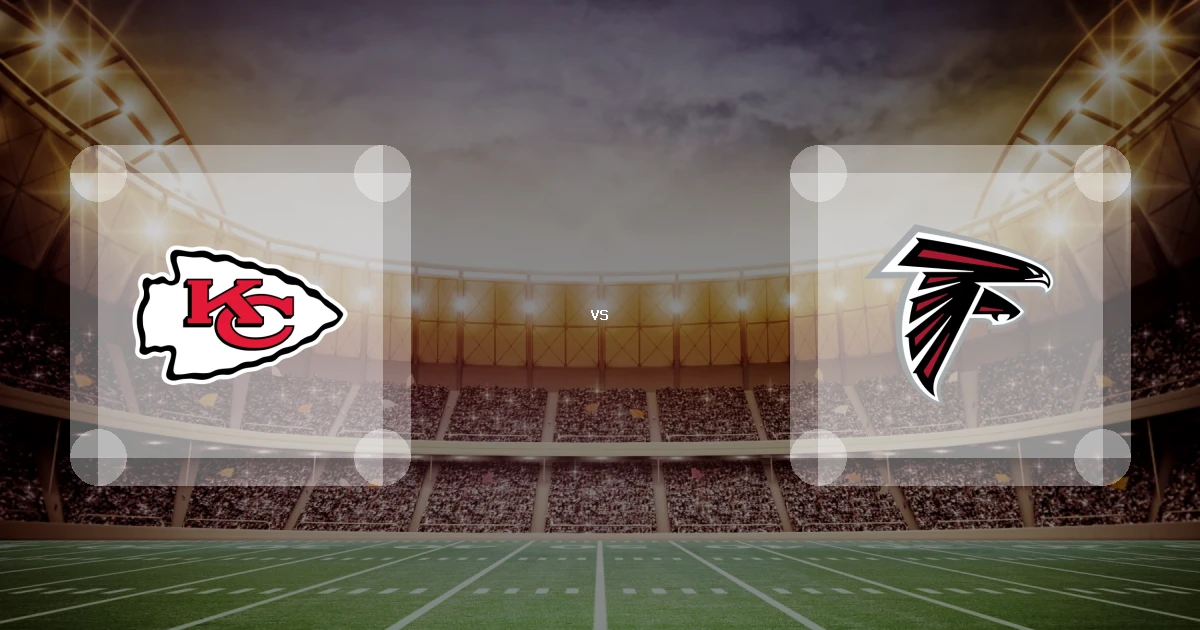Eine Gamecard Grafik fuer das Spiel zwischen den Kansas City Chiefs und Atlanta Falcons am 15.11.26. die zwei Teamlogos stehen sich in einem Stadion mit vielen Zuschauern gegenueber.