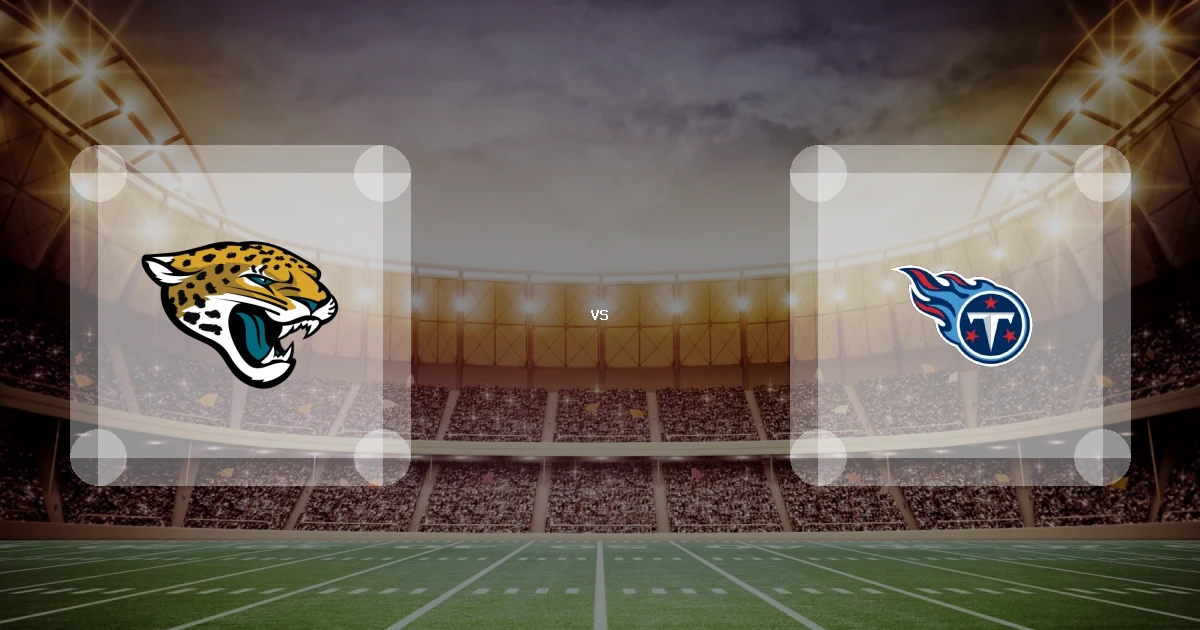 Eine Gamecard Grafik fuer das Spiel zwischen den Jacksonville Jaguars und Tennessee Titans am 15.11.26. die zwei Teamlogos stehen sich in einem Stadion mit vielen Zuschauern gegenueber.