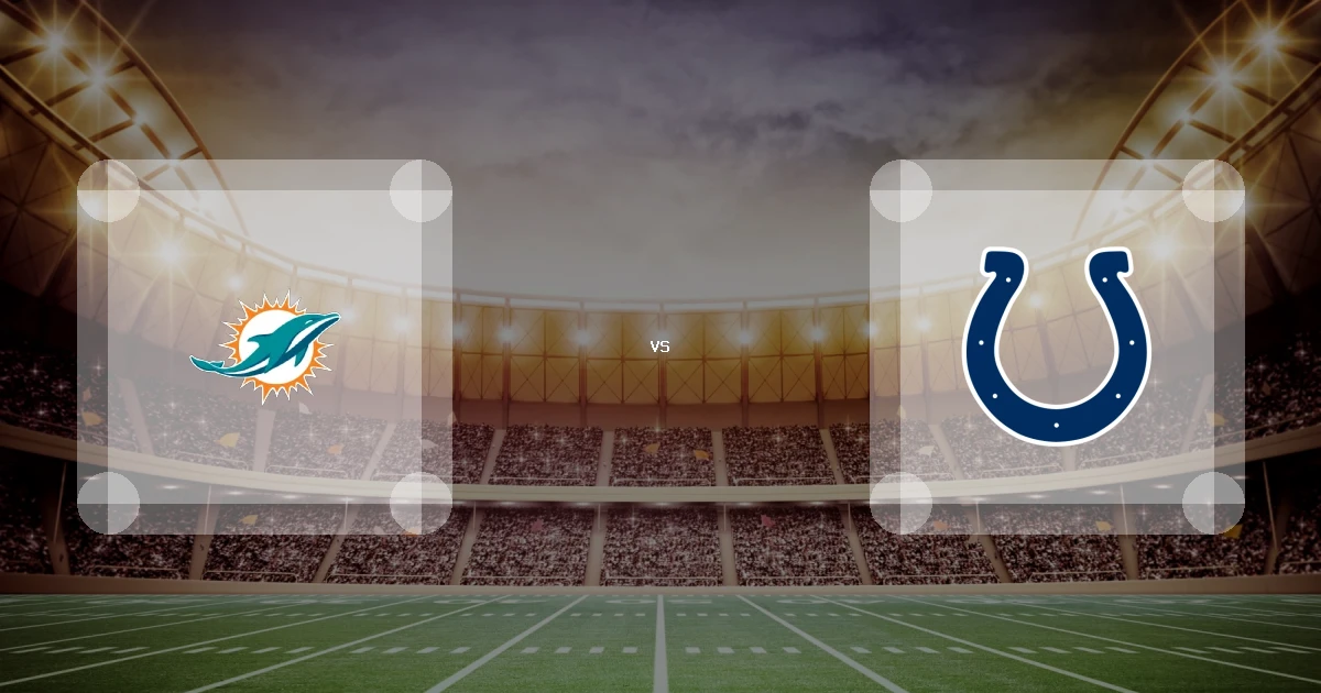 Eine Gamecard Grafik fuer das Spiel zwischen den Miami Dolphins und Indianapolis Colts am 15.11.26. die zwei Teamlogos stehen sich in einem Stadion mit vielen Zuschauern gegenueber.