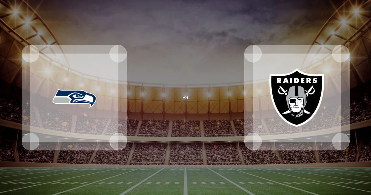 Eine Gamecard Grafik fuer das Spiel zwischen den Seattle Seahawks und Las Vegas Raiders am 15.11.26. die zwei Teamlogos stehen sich in einem Stadion mit vielen Zuschauern gegenueber.