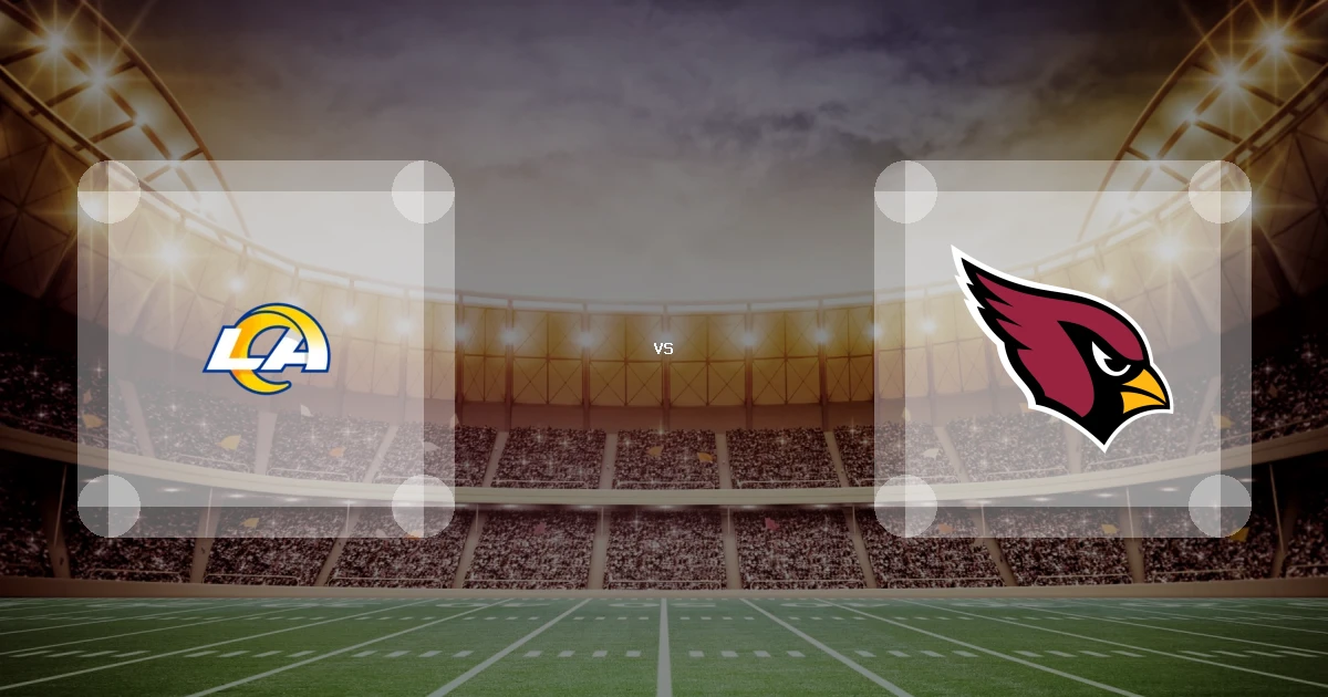 Eine Gamecard Grafik fuer das Spiel zwischen den Los Angeles Rams und Arizona Cardinals am 15.11.26. die zwei Teamlogos stehen sich in einem Stadion mit vielen Zuschauern gegenueber.