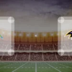 Eine Gamecard Grafik fuer das Spiel zwischen den Los Angeles Chargers und Baltimore Ravens am 17.11.26. die zwei Teamlogos stehen sich in einem Stadion mit vielen Zuschauern gegenueber.