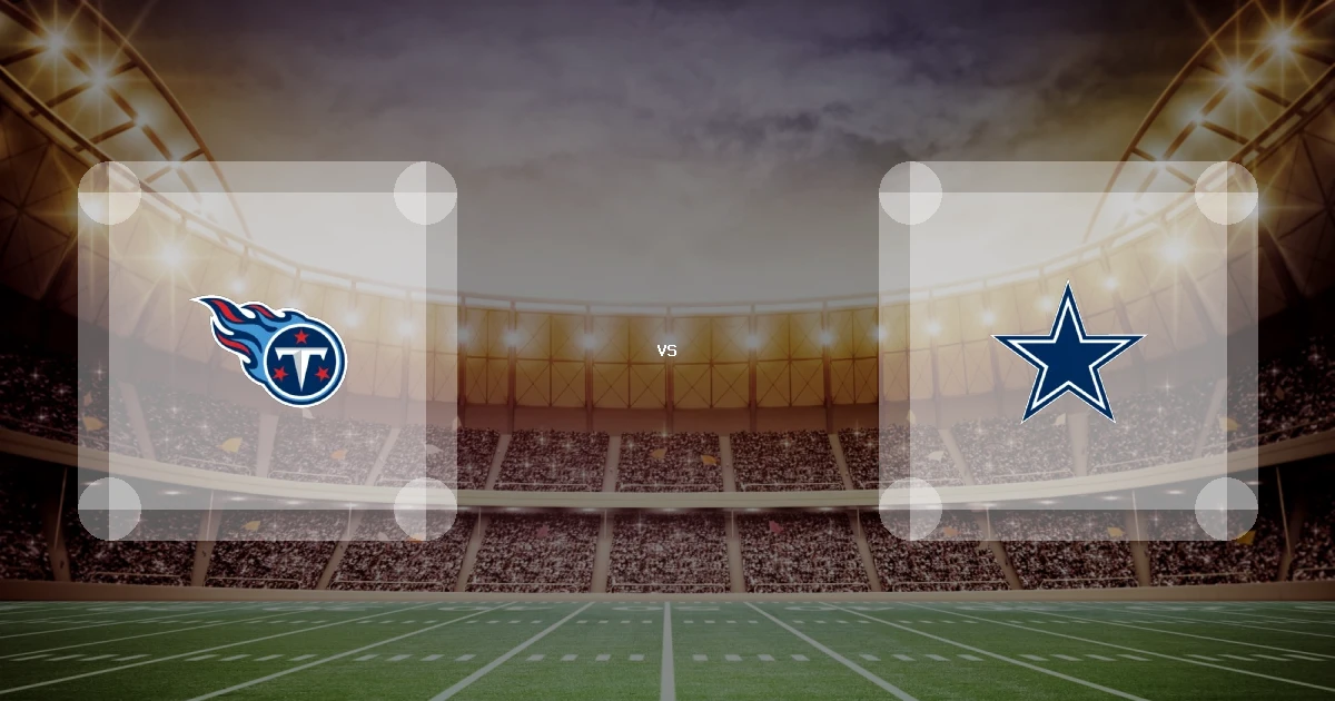 Eine Gamecard Grafik fuer das Spiel zwischen den Tennessee Titans und Dallas Cowboys am 22.11.26. die zwei Teamlogos stehen sich in einem Stadion mit vielen Zuschauern gegenueber.