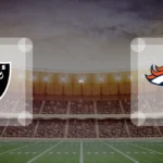 Eine Gamecard Grafik fuer das Spiel zwischen den Las Vegas Raiders und Denver Broncos am 22.11.26. die zwei Teamlogos stehen sich in einem Stadion mit vielen Zuschauern gegenueber.
