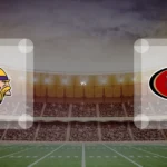 Eine Gamecard Grafik fuer das Spiel zwischen den Minnesota Vikings und San Francisco 49ers am 23.11.26. die zwei Teamlogos stehen sich in einem Stadion mit vielen Zuschauern gegenueber.