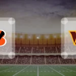 Eine Gamecard Grafik fuer das Spiel zwischen den Cincinnati Bengals und Washington Commanders am 24.11.26. die zwei Teamlogos stehen sich in einem Stadion mit vielen Zuschauern gegenueber.