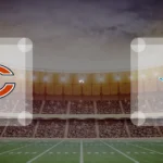 Eine Gamecard Grafik fuer das Spiel zwischen den Chicago Bears und Detroit Lions am 26.11.26. die zwei Teamlogos stehen sich in einem Stadion mit vielen Zuschauern gegenueber.