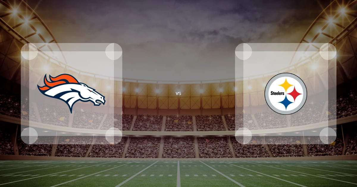 Eine Gamecard Grafik fuer das Spiel zwischen den Denver Broncos und Pittsburgh Steelers am 27.11.26. die zwei Teamlogos stehen sich in einem Stadion mit vielen Zuschauern gegenueber.