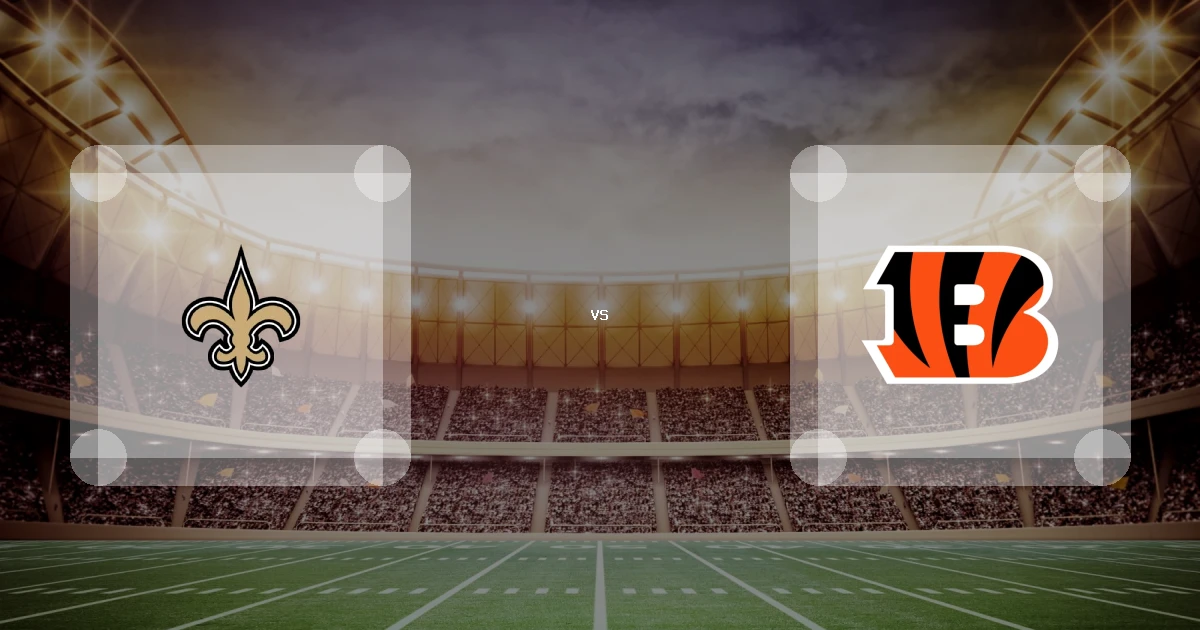 Eine Gamecard Grafik fuer das Spiel zwischen den New Orleans Saints und Cincinnati Bengals am 29.11.26. die zwei Teamlogos stehen sich in einem Stadion mit vielen Zuschauern gegenueber.
