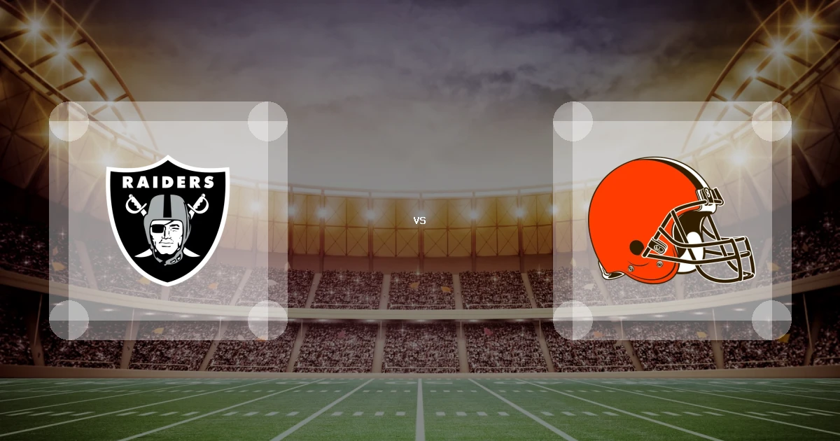 Eine Gamecard Grafik fuer das Spiel zwischen den Las Vegas Raiders und Cleveland Browns am 29.11.26. die zwei Teamlogos stehen sich in einem Stadion mit vielen Zuschauern gegenueber.