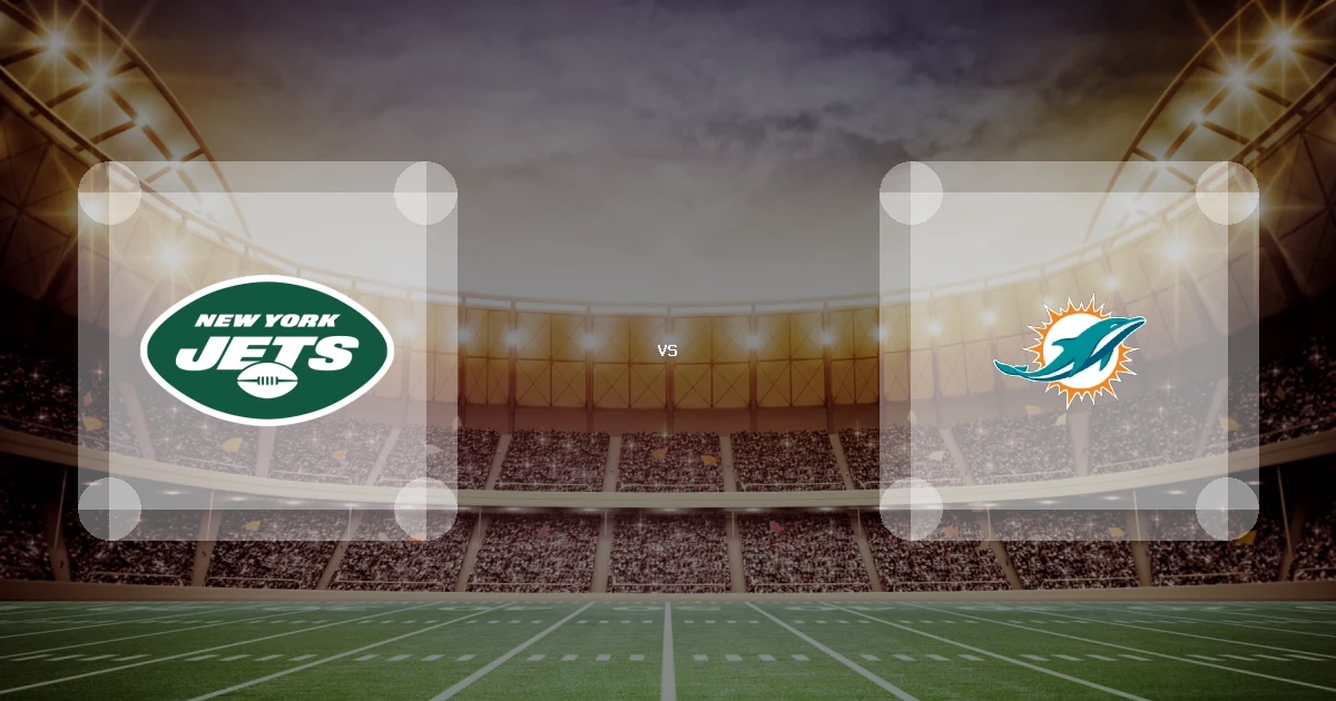 Eine Gamecard Grafik fuer das Spiel zwischen den New York Jets und Miami Dolphins am 29.11.26. die zwei Teamlogos stehen sich in einem Stadion mit vielen Zuschauern gegenueber.