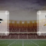 Eine Gamecard Grafik fuer das Spiel zwischen den Atlanta Falcons und Minnesota Vikings am 29.11.26. die zwei Teamlogos stehen sich in einem Stadion mit vielen Zuschauern gegenueber.