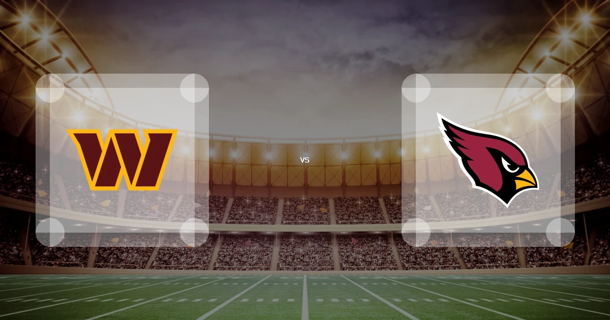 Eine Gamecard Grafik fuer das Spiel zwischen den Washington Commanders und Arizona Cardinals am 29.11.26. die zwei Teamlogos stehen sich in einem Stadion mit vielen Zuschauern gegenueber.