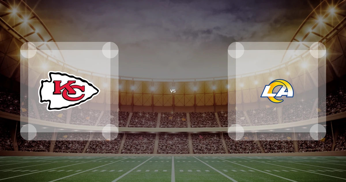 Eine Gamecard Grafik fuer das Spiel zwischen den Kansas City Chiefs und Los Angeles Rams am 04.12.26. die zwei Teamlogos stehen sich in einem Stadion mit vielen Zuschauern gegenueber.