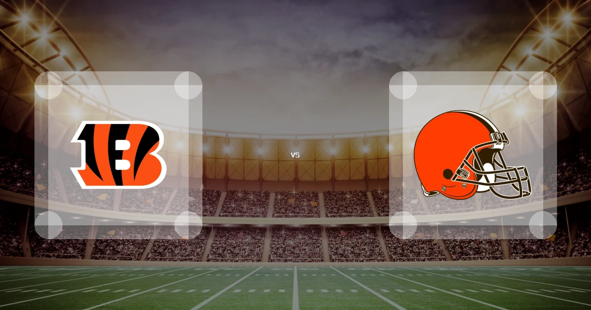 Eine Gamecard Grafik fuer das Spiel zwischen den Cincinnati Bengals und Cleveland Browns am 06.12.26. die zwei Teamlogos stehen sich in einem Stadion mit vielen Zuschauern gegenueber.