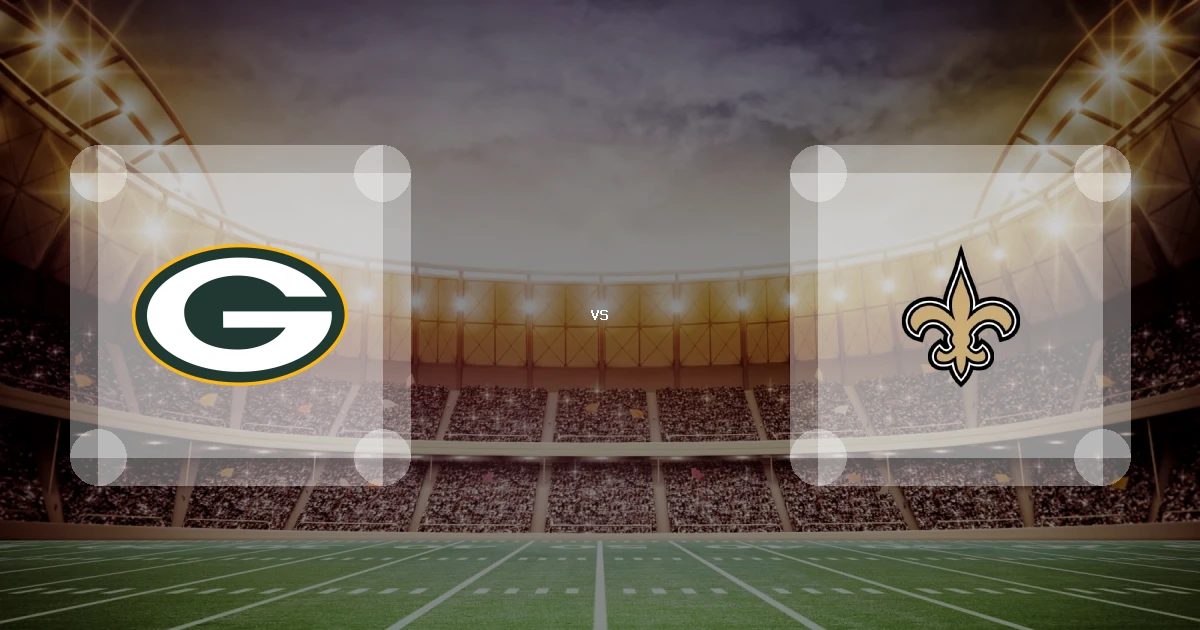 Eine Gamecard Grafik fuer das Spiel zwischen den Green Bay Packers und New Orleans Saints am 06.12.26. die zwei Teamlogos stehen sich in einem Stadion mit vielen Zuschauern gegenueber.