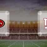 Eine Gamecard Grafik fuer das Spiel zwischen den San Francisco 49ers und New York Giants am 06.12.26. die zwei Teamlogos stehen sich in einem Stadion mit vielen Zuschauern gegenueber.