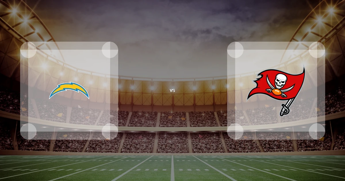 Eine Gamecard Grafik fuer das Spiel zwischen den Los Angeles Chargers und Tampa Bay Buccaneers am 06.12.26. die zwei Teamlogos stehen sich in einem Stadion mit vielen Zuschauern gegenueber.