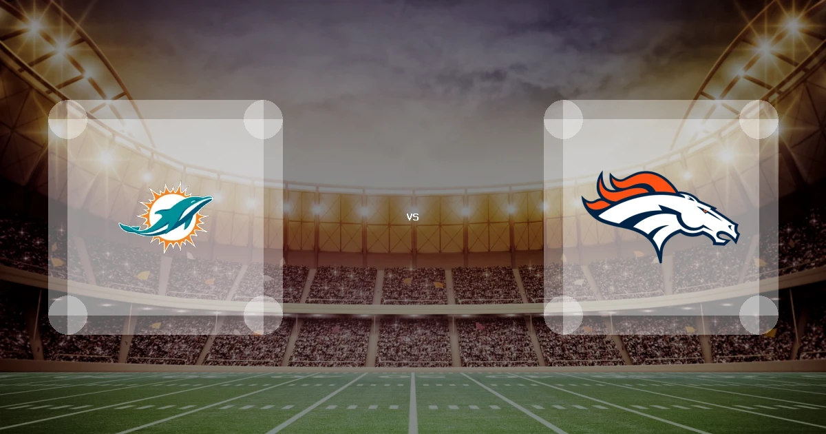Eine Gamecard Grafik fuer das Spiel zwischen den Miami Dolphins und Denver Broncos am 06.12.26. die zwei Teamlogos stehen sich in einem Stadion mit vielen Zuschauern gegenueber.