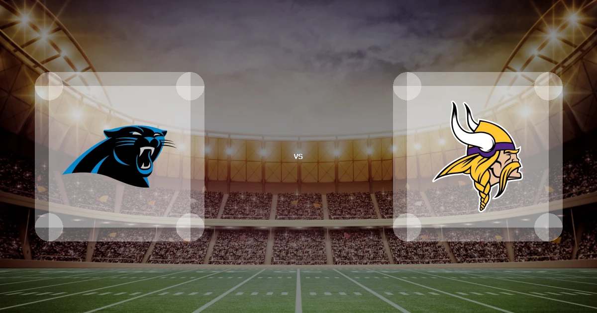 Eine Gamecard Grafik fuer das Spiel zwischen den Carolina Panthers und Minnesota Vikings am 06.12.26. die zwei Teamlogos stehen sich in einem Stadion mit vielen Zuschauern gegenueber.