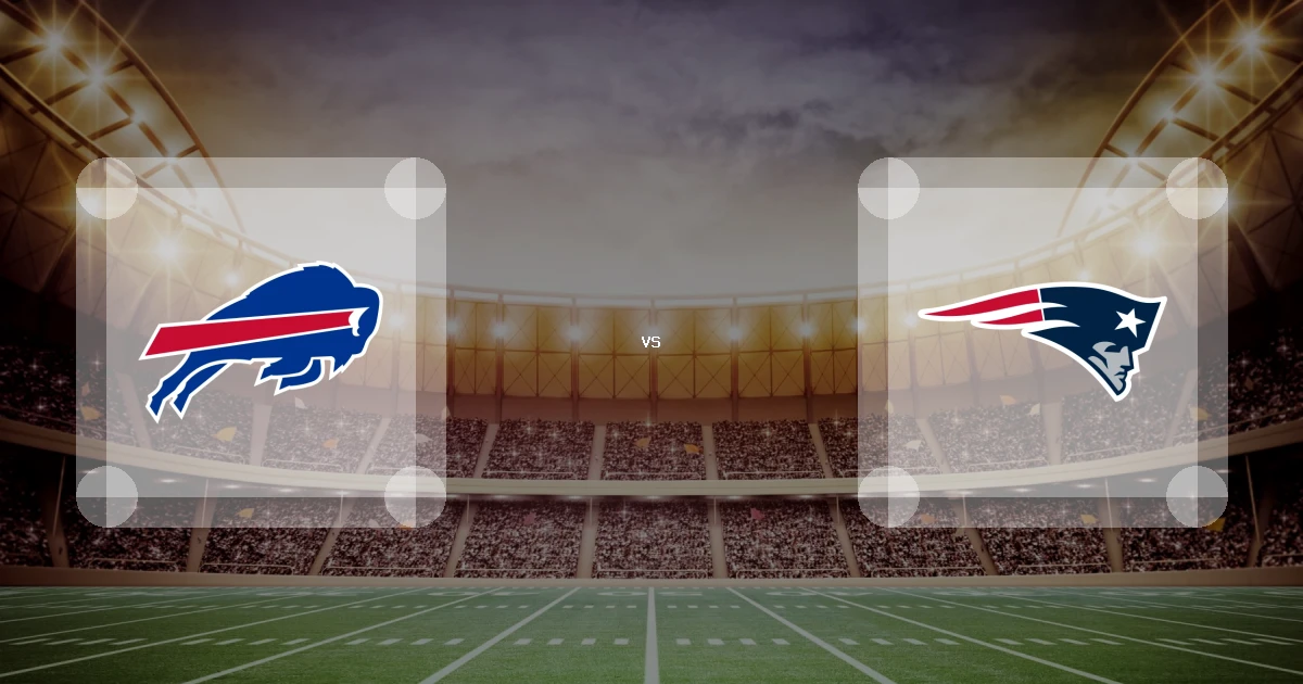 Eine Gamecard Grafik fuer das Spiel zwischen den Buffalo Bills und New England Patriots am 06.12.26. die zwei Teamlogos stehen sich in einem Stadion mit vielen Zuschauern gegenueber.