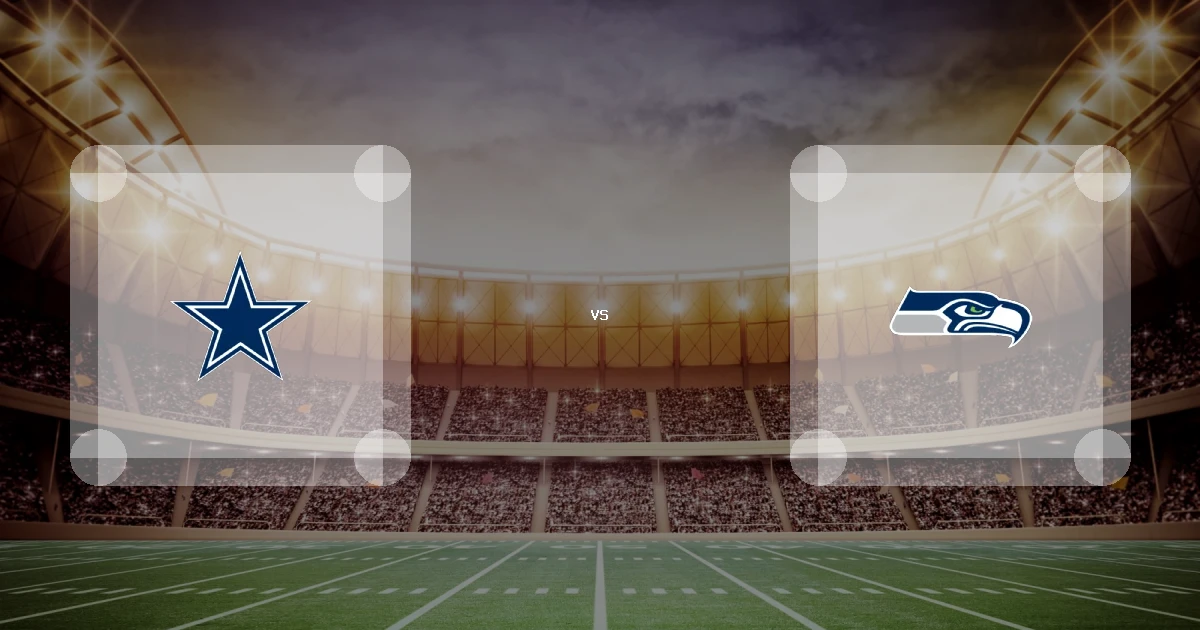 Eine Gamecard Grafik fuer das Spiel zwischen den Dallas Cowboys und Seattle Seahawks am 08.12.26. die zwei Teamlogos stehen sich in einem Stadion mit vielen Zuschauern gegenueber.