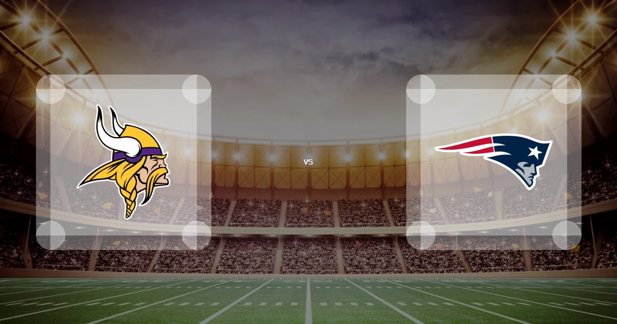Eine Gamecard Grafik fuer das Spiel zwischen den Minnesota Vikings und New England Patriots am 11.12.26. die zwei Teamlogos stehen sich in einem Stadion mit vielen Zuschauern gegenueber.