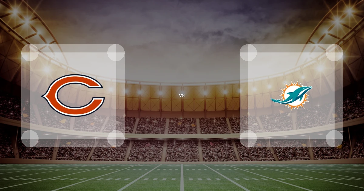 Eine Gamecard Grafik fuer das Spiel zwischen den Chicago Bears und Miami Dolphins am 13.12.26. die zwei Teamlogos stehen sich in einem Stadion mit vielen Zuschauern gegenueber.