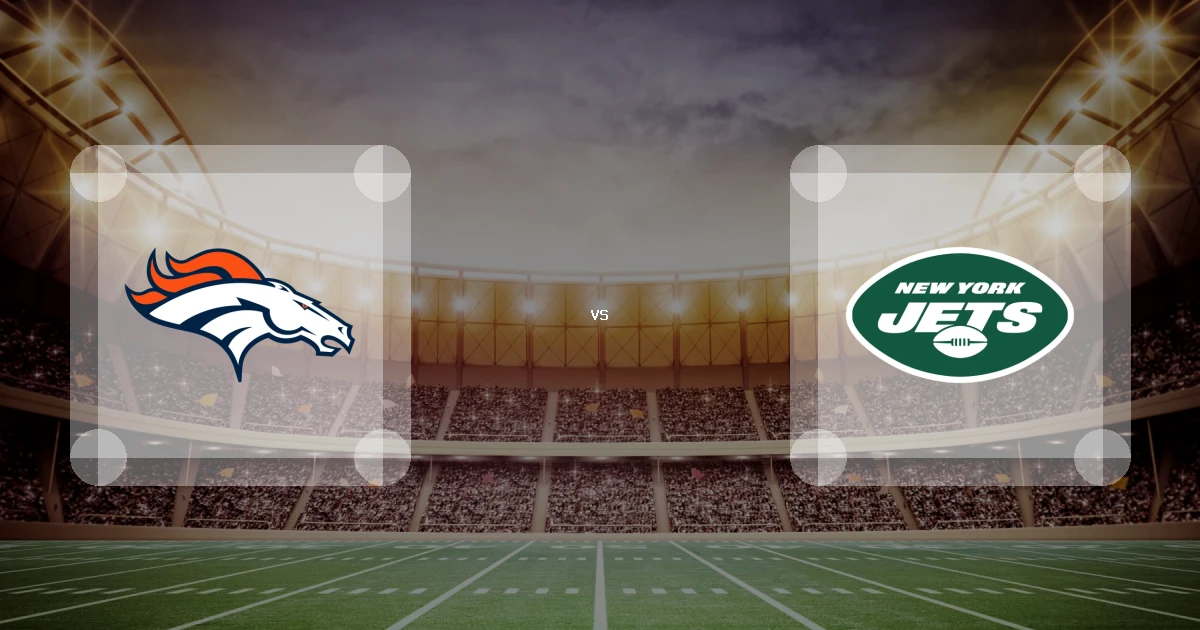 Eine Gamecard Grafik fuer das Spiel zwischen den Denver Broncos und New York Jets am 13.12.26. die zwei Teamlogos stehen sich in einem Stadion mit vielen Zuschauern gegenueber.