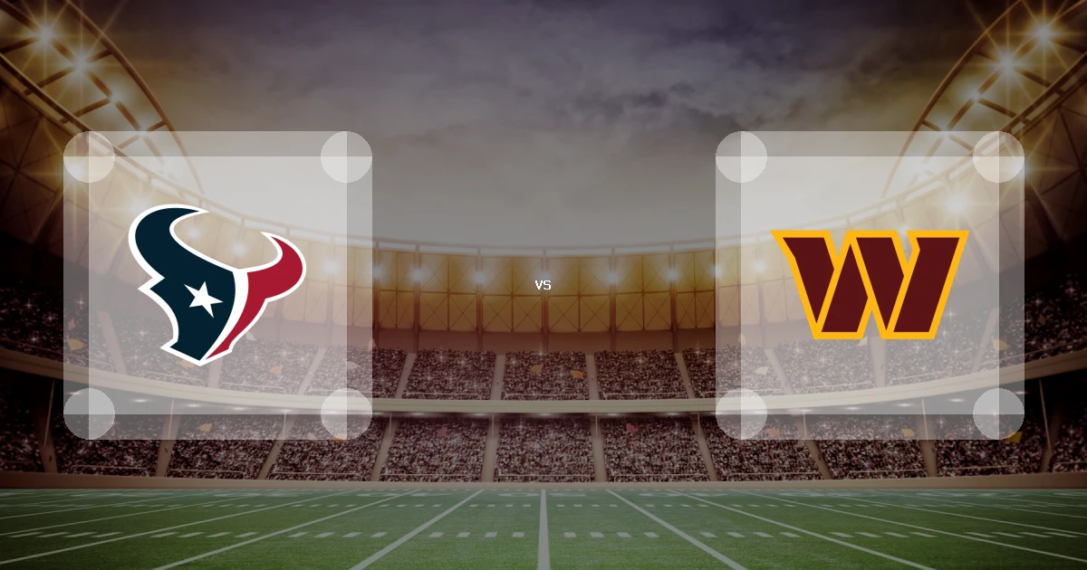 Eine Gamecard Grafik fuer das Spiel zwischen den Houston Texans und Washington Commanders am 13.12.26. die zwei Teamlogos stehen sich in einem Stadion mit vielen Zuschauern gegenueber.
