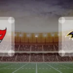 Eine Gamecard Grafik fuer das Spiel zwischen den Tampa Bay Buccaneers und Baltimore Ravens am 13.12.26. die zwei Teamlogos stehen sich in einem Stadion mit vielen Zuschauern gegenueber.