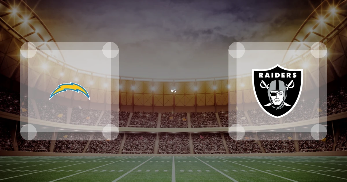 Eine Gamecard Grafik fuer das Spiel zwischen den Los Angeles Chargers und Las Vegas Raiders am 13.12.26. die zwei Teamlogos stehen sich in einem Stadion mit vielen Zuschauern gegenueber.