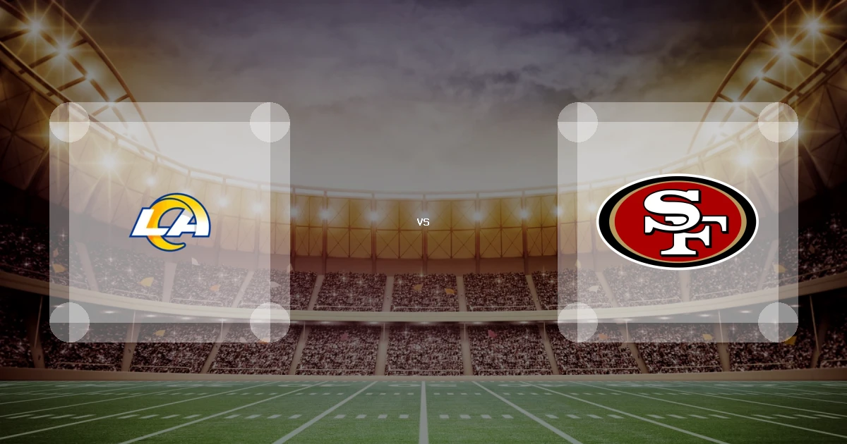 Eine Gamecard Grafik fuer das Spiel zwischen den Los Angeles Rams und San Francisco 49ers am 13.12.26. die zwei Teamlogos stehen sich in einem Stadion mit vielen Zuschauern gegenueber.